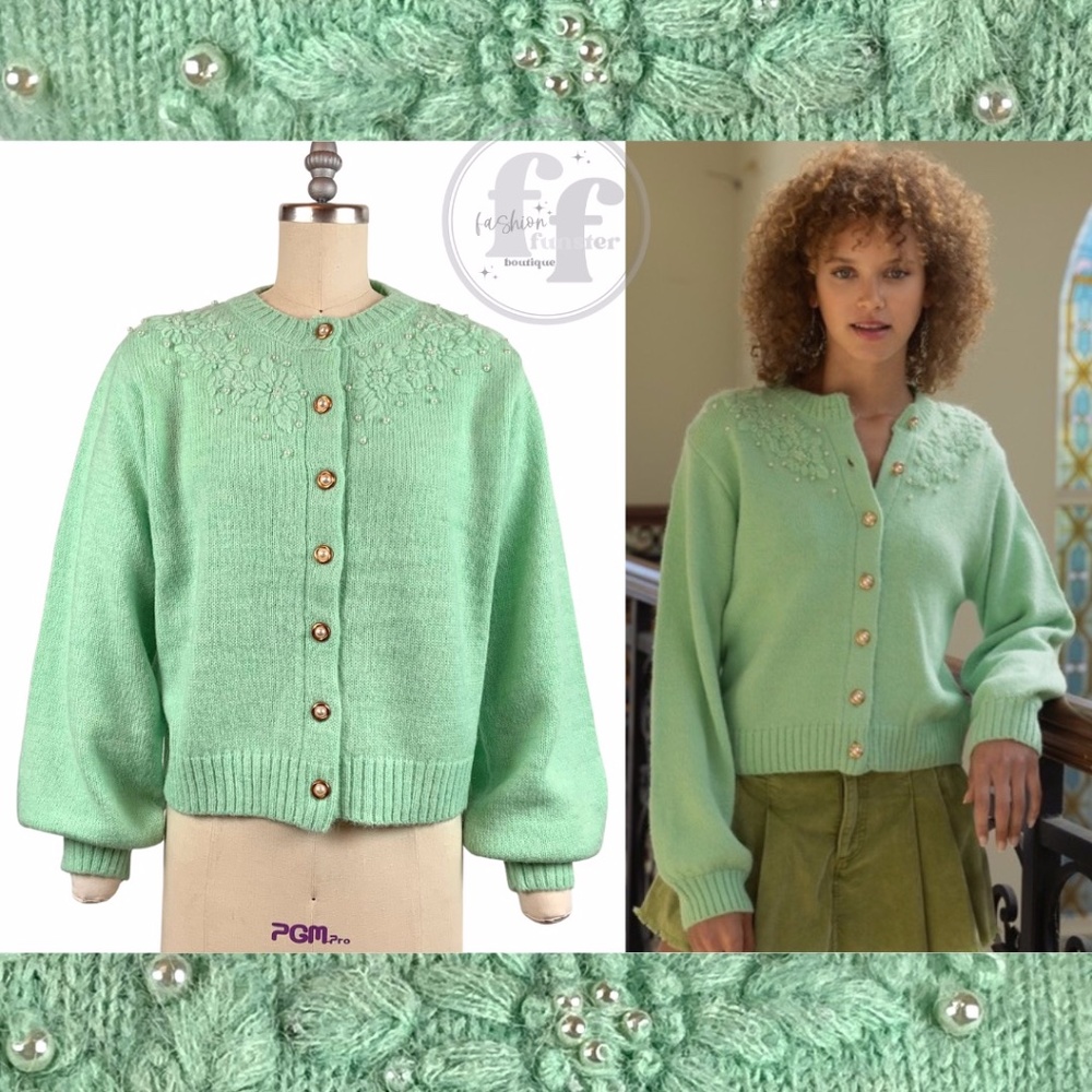 Vintage Style POL Floral Pearl Embellished Mint Seafoam Green Cardigan Sweater